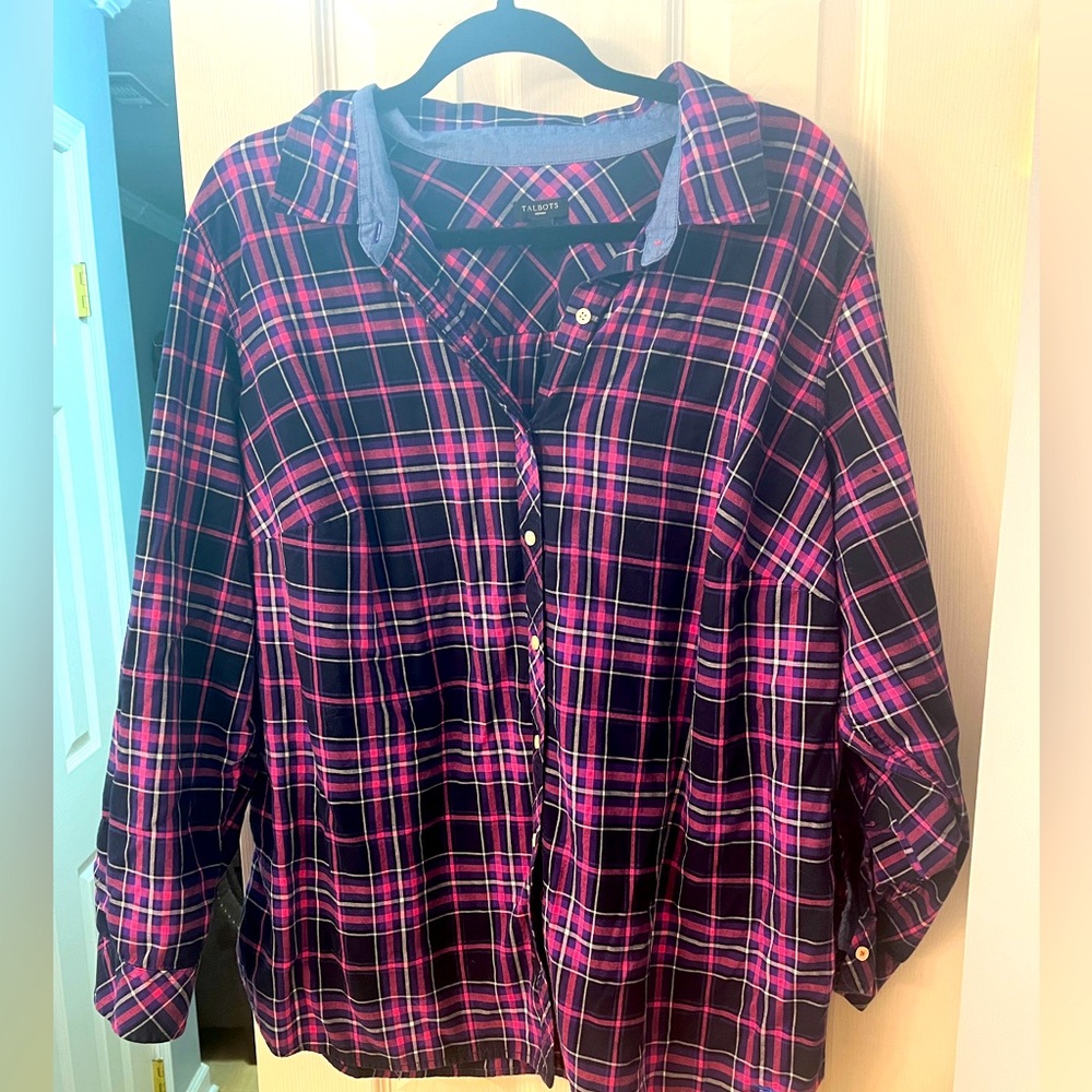 Talbot’s Pink and Blue Plaid button down shirt w/roll tab sleeves